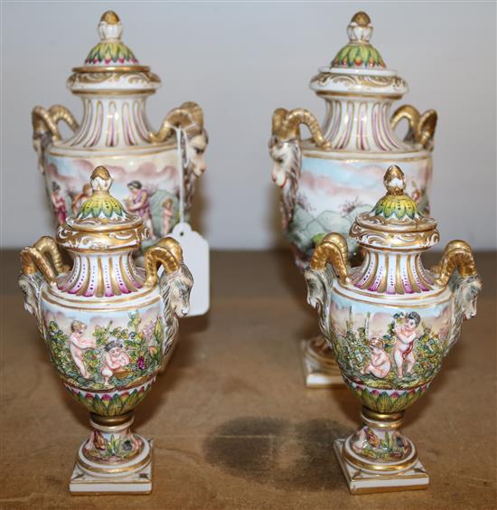 Pair Capo di Monte lidded vases & another similar pair